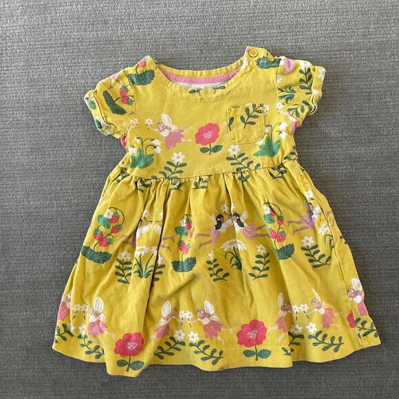 Mini Boden Dress Girls 2-3 Yellow Floral Print Midi Shift Buttons Pockets - Picture 1 of 5